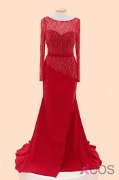 Long Sleeves Red Beaded Cap Sleeves Prom Party Dresses ED1033