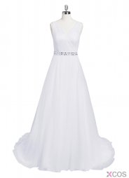 Elegant V-neck Beaing A-line White Sweep Train Wedding Dress