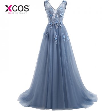 XCOS Blue Evening Dresses 2018 Plus Size Tulle Appliques Long Formal Dresses Gowns V Neck Lace Up Sleeveless Robe De Soiree