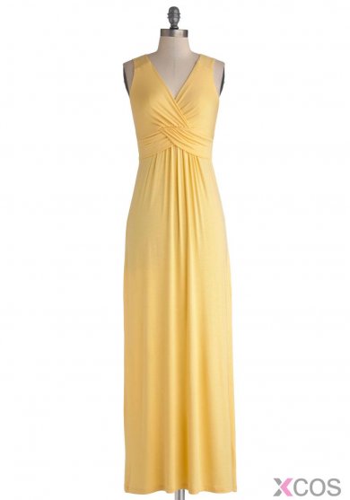 Hot Sale Yellow V Neck Pleats Floor Length A Line Bridesmaid Dress CHBD-80069