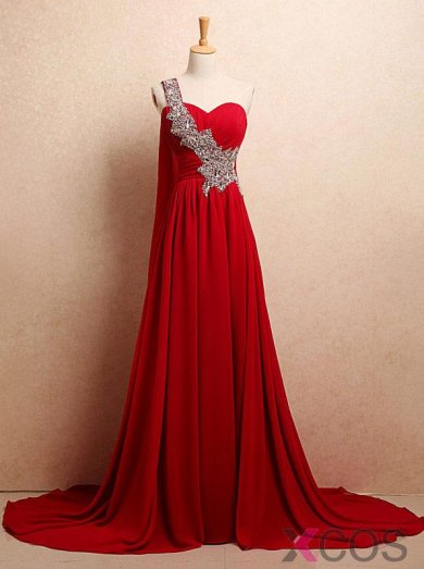 Simple Dress Hot-selling A-line Rhinestones One-shoulder Long Chiffon Red Prom Dresses/Evening Dresses/Wedding Reception Dresses CHPD-7014