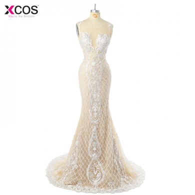 2018 Scoop Floor Length Appliques Pleat White Lace Prom Dresses Elegant Mermaid Evening Dress Long