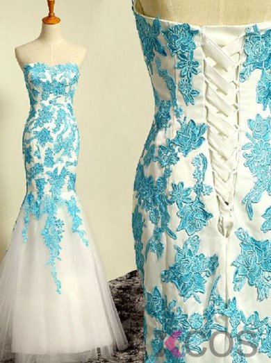 Simple Dress Gorgeous Strapless Mermaid White Tulle Light Sky Blue Applique Prom Dresses/Evening Dresses TUPD-7009