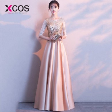 XCOS 2018 Pink Long Prom Dress A Line Scoop Half Sleeve Sequin Evening Gowns vestidos de graduacion Floor Length robe de bal