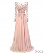 Elegant Scoop A-line Beading Long Sleeves Pink Prom Dresses Formall Evening Gown Backless