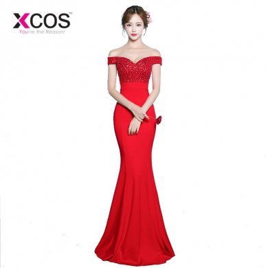 XCOS Cheap Long Royal Blue Mermaid Prom Dresses 2018 Crystal Formal Evening Dress Off the Shoulder Vestidos De Graduacion