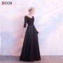 Elegant V Neck Black Appliques Lace A Line Long Evening Dresses Prom Party Dress Robe De Soiree Longue 2018