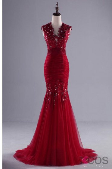 2016 Backless Long Mermaid Modest Red Lace Beaded Prom Dresses For Teens OK31