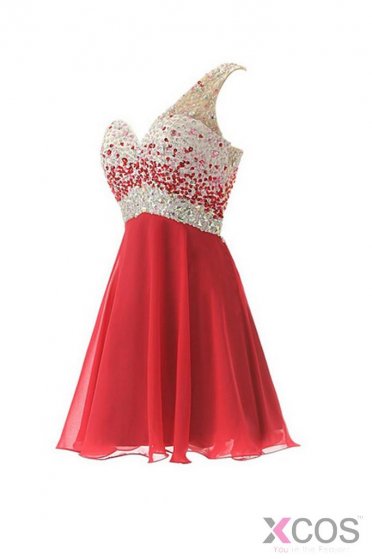 One Shoulder Red Chiffon Beaded Short Prom Dresses ED0671