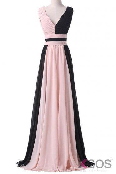 Simple Cheap Pink And Black Long Chiffon Prom Dresses OK25