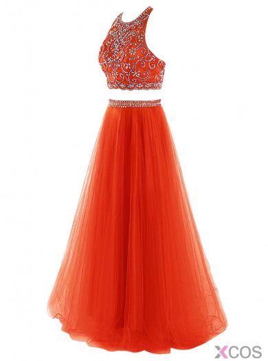 Two Piece Prom Dress - A-line Orange Sequins Tulle