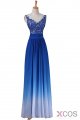 A-line Strapless Floor-Length Royal Bule Ombre Chiffon Long Prom Dress