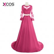 XCOS Two Pieces 2018 Prom Dresses A-line Long Sleeve Fuschia Royal Blue Appliques Lace Prom Gown Evening Dresses Evening Gown