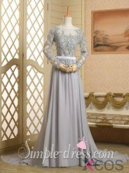 Chic A-line Scoop Neck Long Sleeves Beading Appliques Chiffon Prom Dress CHPD-30985