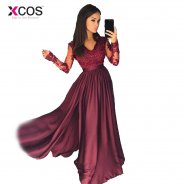 XCOS Free Shipping Burgundy Long Sleeve Evening Dresses Appliques See Through Lace Prom Gowns for Girls vestido de noche