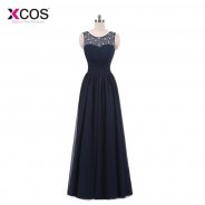 Crystal Beads Dark Navy Prom Dresses Long 2018 Elegant Chiffon Pleats Special Occasion Formal Party Evening Gowns