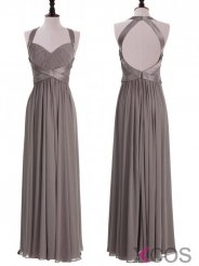 Timeless Halter A-line Floor Length Chiffon Grey Backless Bridesmaid Dress With Ruched