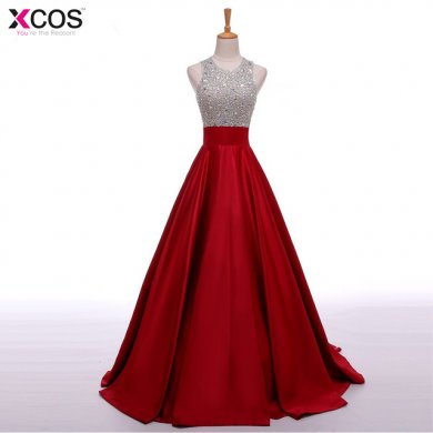 Real Image A Line Long Evening Dress Beading Crystal Bodice Open Back Party Elegant 2018 Robe De Soiree New Prom Gowns