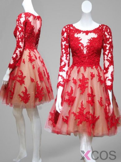 Simple-dress Elegant A-line Long Sleeve Red Tulle 2015 Homecoming Dresses/Party Dresses TUHD-70785