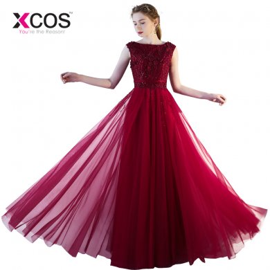 XCOS Lace Evening Dresses Women Appliques Scoop Waist Burgundy Wine Red 2018 Special Occasion Evening Dress Party Dress