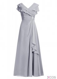 Simple A-line V-neck Petal Sleeves Grey Prom Dress