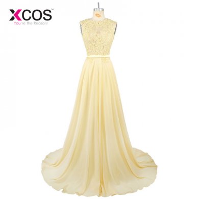 Real Photo O Neck A Line Chiffon Lace Appliques Beaded Yellow Long Prom Dresses 2018 Court Train Prom Gowns SC121