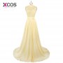 Real Photo O Neck A Line Chiffon Lace Appliques Beaded Yellow Long Prom Dresses 2018 Court Train Prom Gowns SC121