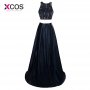 Robe De Soiree Luxury Navy Blue Evening Dresses 2016 New Arrival 2 Pieces A Line Puffy Beaded Long Prom Party Dresses SA840