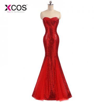 XCOS Silver Red Sequin Prom Dress Mermaid Evening Gowns Sweetheart Floor Length Occasion Dresses for Women vestido de gala 2018