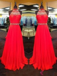 New Arrival A-Line High Neck Floor Length Red Prom/Evening Dress with Rhinestone