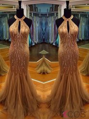 Sexy Prom Dress -Mermaid Halter Neck Sleeveless Beading with Keyhole