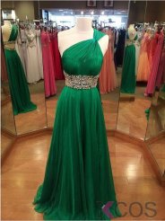 Princess Chiffon Prom Dress - Emerald Green One-shoulder Empire Stones