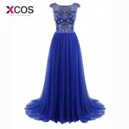 XCOS Robe De Soiree Longue 2018 Royal Blue Evening Dresses Long Crystal Beads Prom Gowns Tulle Cap Sleeve Formal Dress