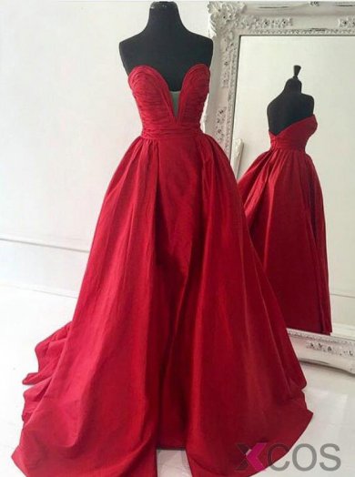 Decent Sweetheart Satin Court Train Red Ball Gown Prom Dress