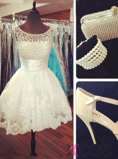 Simple-dress Elegant Scoop White Pearl Short Lace Homecoming Dresses/Sweet 16 Dresses LAPD-7650