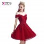 XCOS Sexy Red Lace Elegant Knee Length Prom Dresses 2018 New Arrived Women Beading A Line Evening Party Dress With Bow