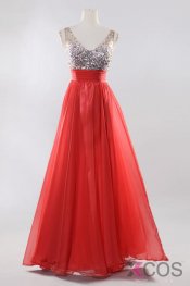 V-neck Beaded Red Long Backless Prom Evening Dresses ED0836