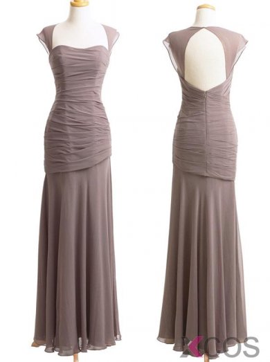 Simple-dress Elegant Capped Long Sheath Grey Chiffon Bridesmaid Dresses CHBD-70800