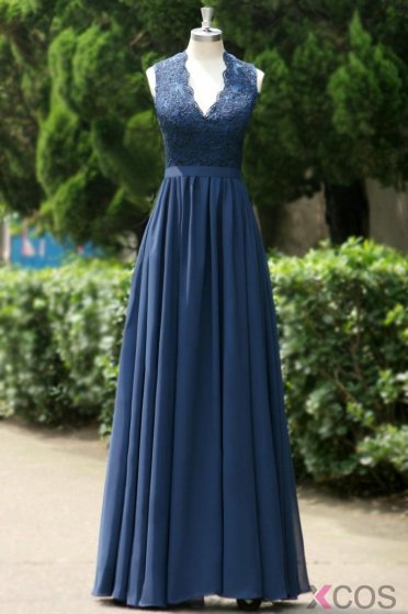 Simple Dress Royal Blue Chiffon Long Prom Dresses, V-neck Open-back Prom Dresses/Evening Dresses CHPD-7117