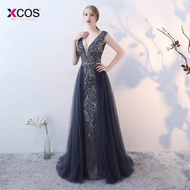 Gorgeous A-Line V Neck Luxury Beadings Evening Dress Long Tulle Wrap Formal Dress Vestido de Festa Floor Length Prom Gown