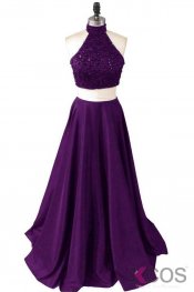 Two Pieces Long Beaded Purple Beauty Prom Dresses 2016 OK28