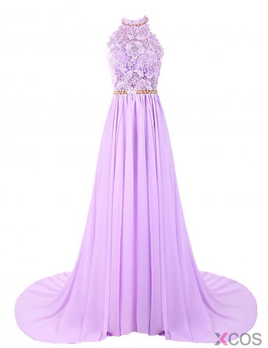 Elegant Halter Lace Applqiues Beading-Lilac Sweep Train Backless Prom Dress