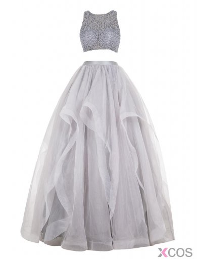 Gorgeous JewelA-line Beading Grey Two-pieces Prom Dress Evening Gown