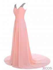 Elegant A-line Sweep Train V-neck Chiffon Beading Pink Prom Dress Evening Gowns