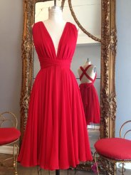 Simple Dress Handmade Short Red Chiffon Backless Criss Cross Dresses/Wedding Party Dresses CHBD-7190