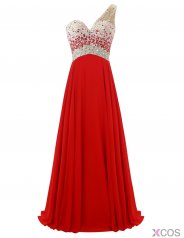 Fashion One-shoulder Beading A-line Long Red Prom/Party Dresses