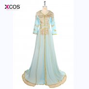 2018 Long Sleeve Abaya Evening Dress Dubai Arabic Kaftan Shiny Gold Sequins Beaded Light Green Evening Gowns robe de soiree