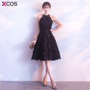 Girls Short Cocktail Party Dress Halter A Line Flower Gowns vestodos coctel New Elegant Feather Black Cocktail Dresses 2018