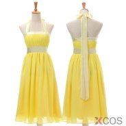 Latest A-line Halter Yellow Knee Length Chiffon Bridesmaid Dresses CHDT100038