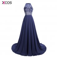 Women's Formal Dress Navy Blue Backless Beaded Sequined Sleeveless Evening Dress Prom Party Gowns Robe De Soiree 2018